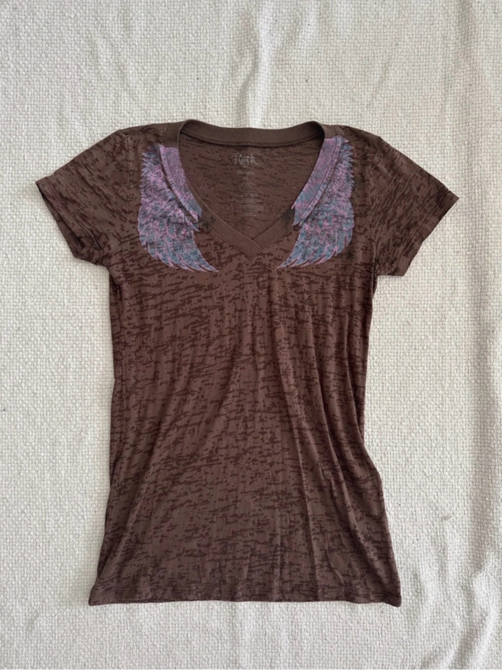 Brown V-Neck Tee with Purple Wing Accent